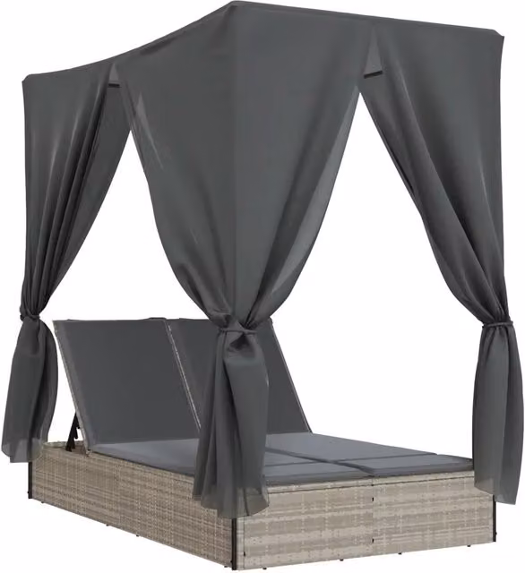 Lettino Prendisole | Sdraio da giardino | Lettino da sole Tetto e Tende Grigio Chiaro in Polyrattan
