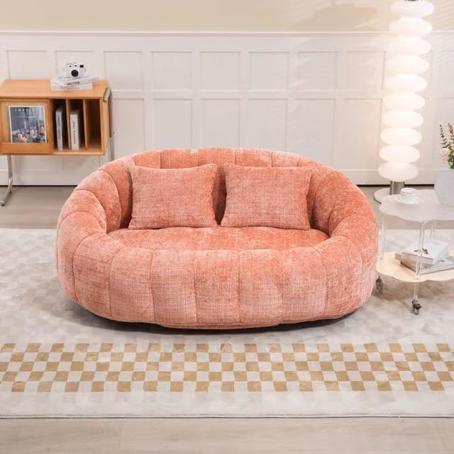 Divano da terra in ciniglia rosa; poltrona a sacco per adulti e bambini; 150x95x63 cm