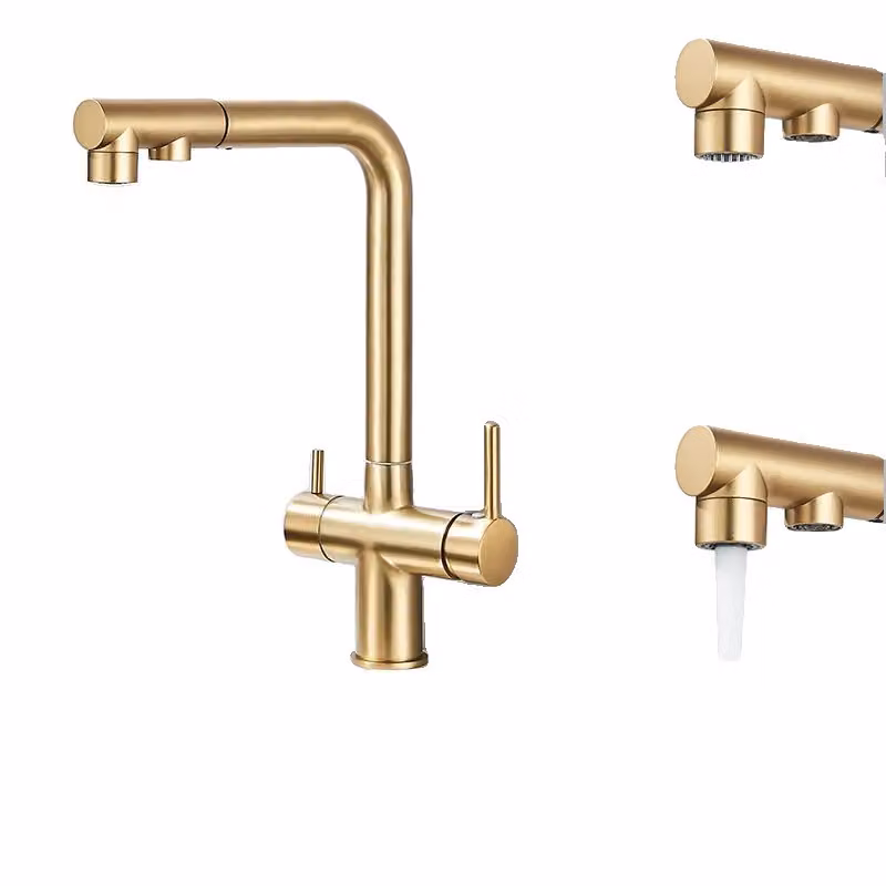 Rubinetto da cucina filtrato, funzione doppio getto, design contemporaneo, aggiornamento in oro spazzolato