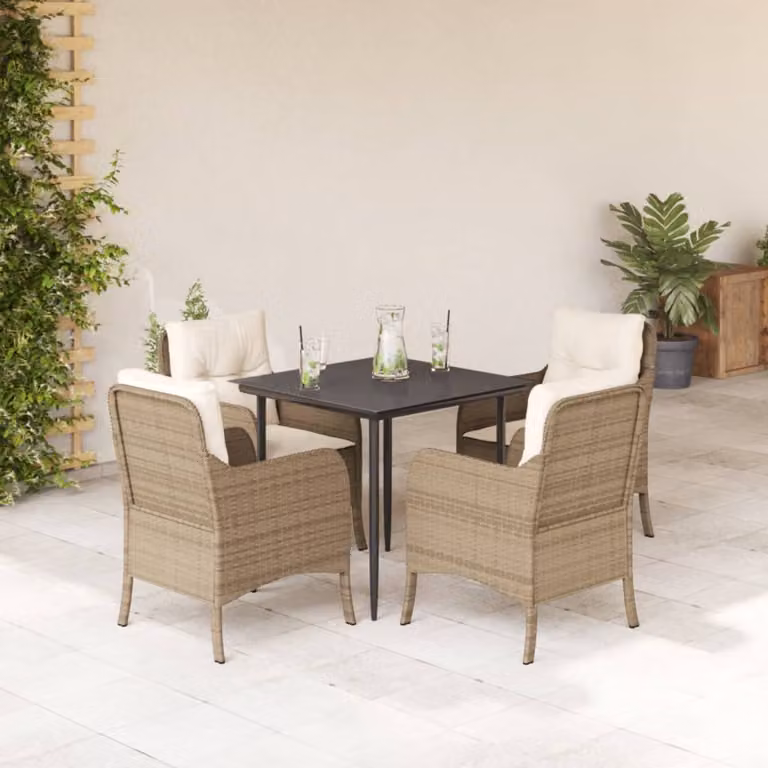 Set da Pranzo da Giardino vidaXL in Polyrattan con Cuscini Beige e Tavolo in Vetro 5 pz