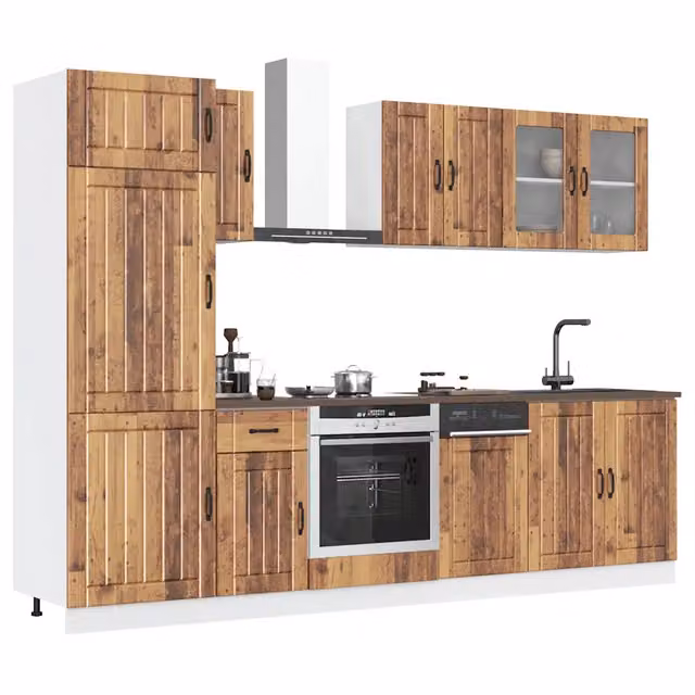 Set Mobili da Cucina Rustici vidaXL in Legno e Vetro Marrone con Ante in Vetro e Ripiani Interni
