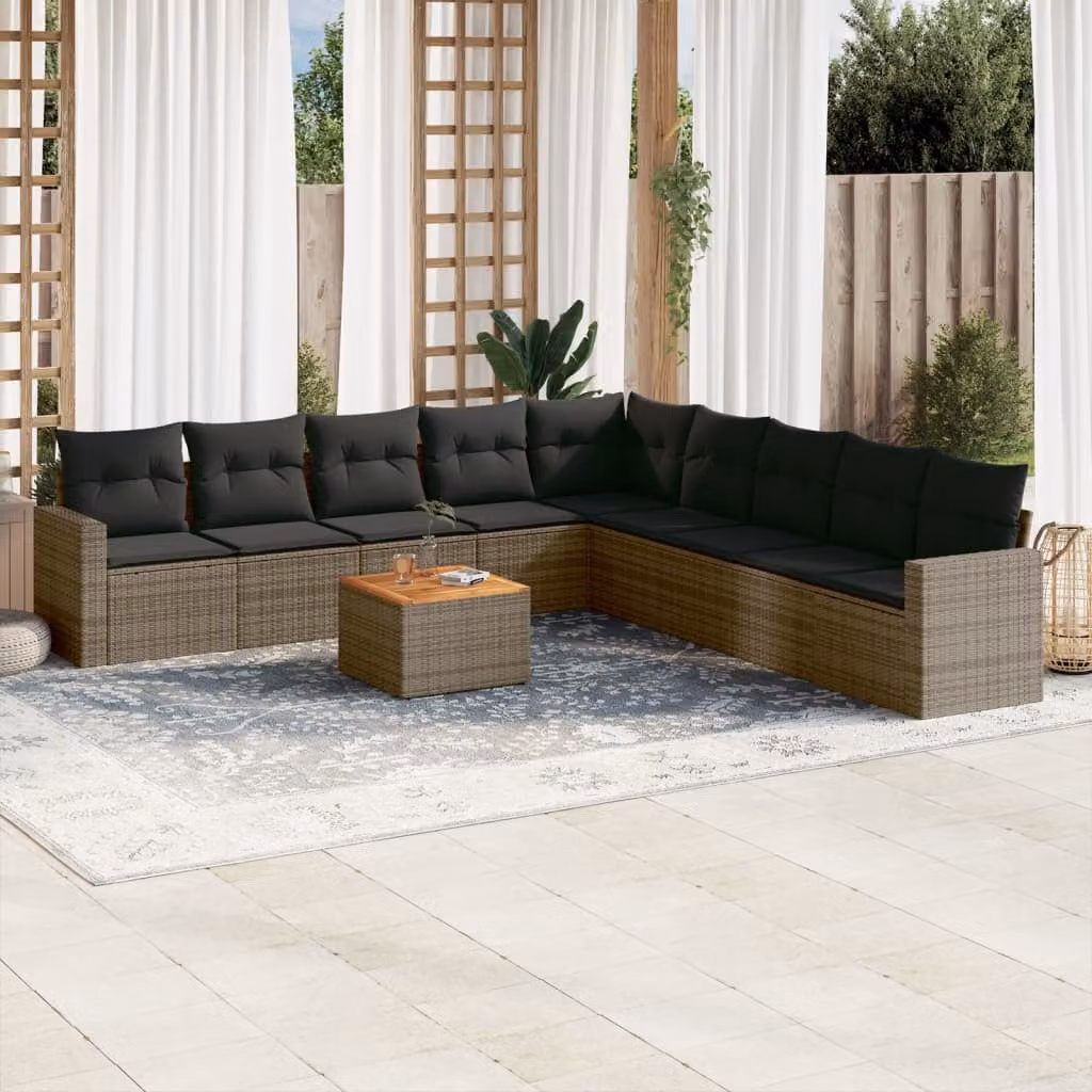 vidaXL Set Divano da Giardino 10 pz a Forma a L in Polyrattan Grigio con Cuscini e Tavolino – 1