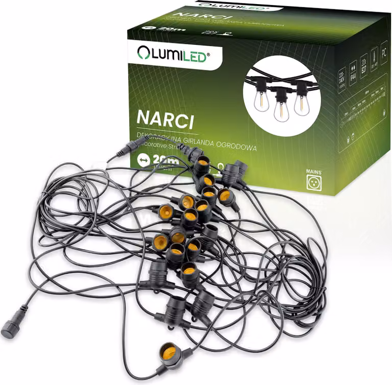 Catene luminose per esterni, ideali per decorare il giardino, lunghezza 20 metri, 20 portalampade E27, marca NARCI LUMILED