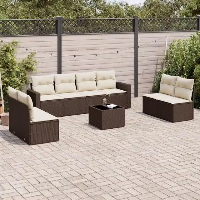 Set Divani da Giardino 9pz con Cuscini Marrone in Polyrattan 3218853