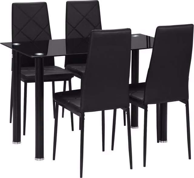 Set Tavolo da Pranzo Moderno HOMCOM con Piano in Vetro Temperato Nero e 4 Sedie Imbottite per Cucina e Soggiorno