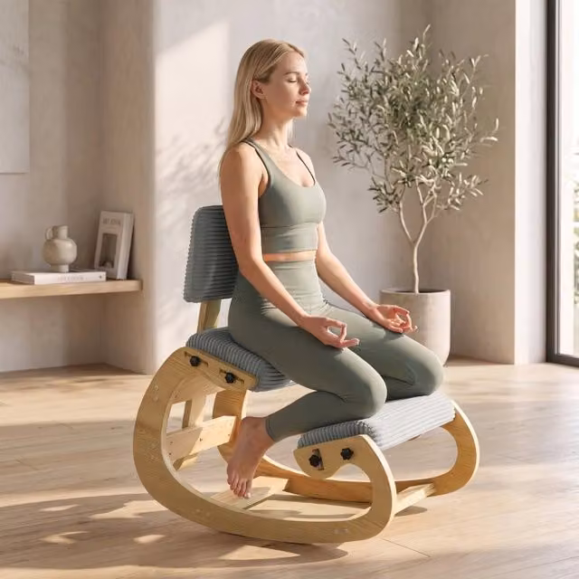 Sedia da ufficio ergonomica OKWISH moderna in tessuto a righe grigio con dettagli in legno di betulla per casa e ufficio
