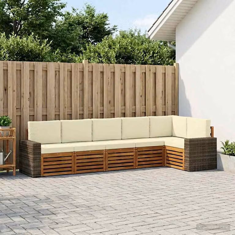 Set di divani da esterno vidaXL a forma di L composto da 6 pezzi in legno di acacia con cuscini beige e bianchi in poliestere resistente ai raggi UV