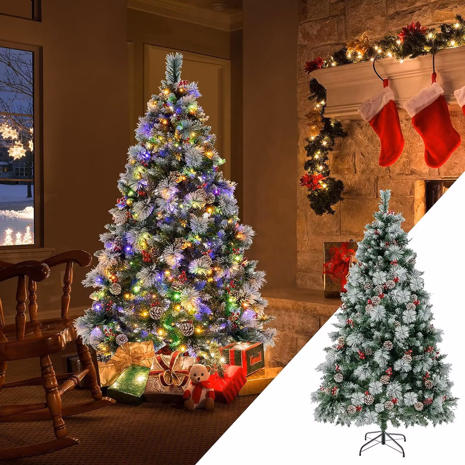 COSTWAY 180cm albero di Natale artificiale LED, albero di Natale illuminato con pigne e bacche rosse e supporto in metallo, 11 modalità di illuminazione, albero di Natale artificiale in PVC, verde