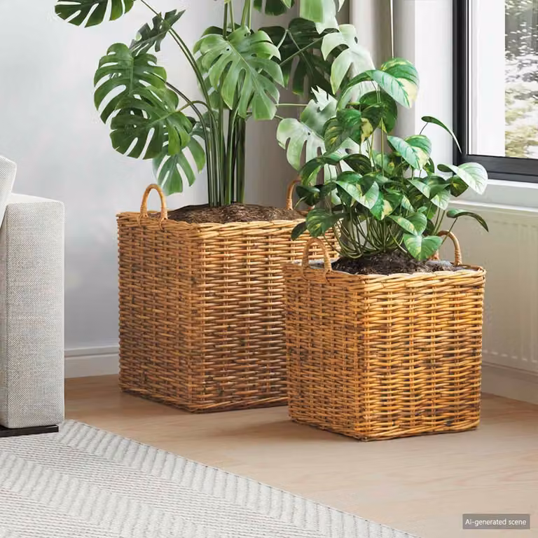 Set di 2 cestini per piante vidaXL GENDT in rattan color marrone naturale con maniglie
