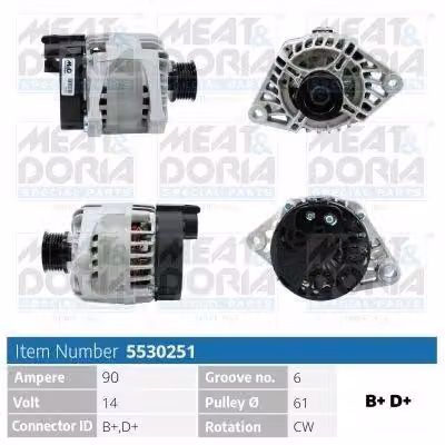 MEAT & DORIA 5530251 Alternatore LiMa 90 A 14 V per FIAT STILO (192), BARCHETTA (183), STILO Multi Wagon (192) e ALFA ROMEO SPIDER (916S)