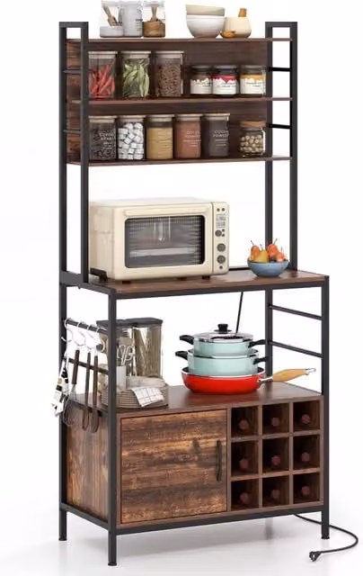 Scaffale da Cucina Costway con Multipresa e 5 Ripiani, Mensola per Microonde con 4 Ganci e 9 Portabottiglie, Stile Rustico in Legno e Metallo, H 160 x L 107 x P 37 cm, Marrone e Nero