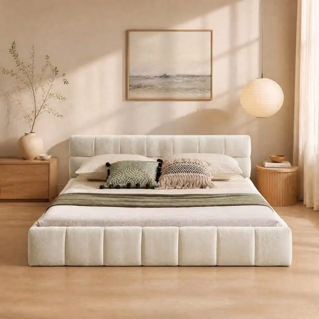 Letto matrimoniale imbottito 140 × 200 cm in ciniglia beige con trapuntatura quadrata