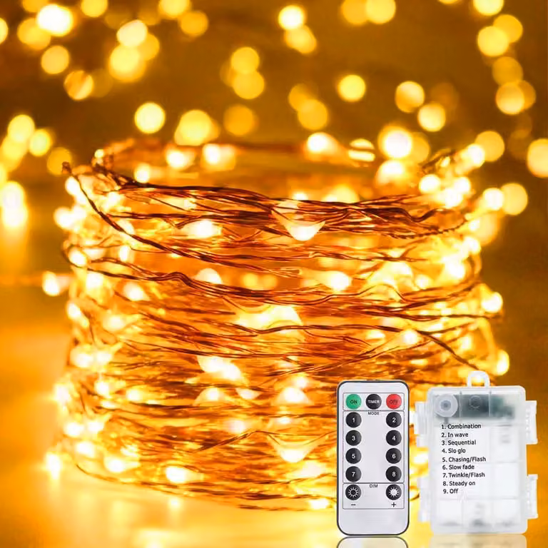 Catena luminosa a LED, 20 metri, 200 LED, alimentata a batteria, con telecomando