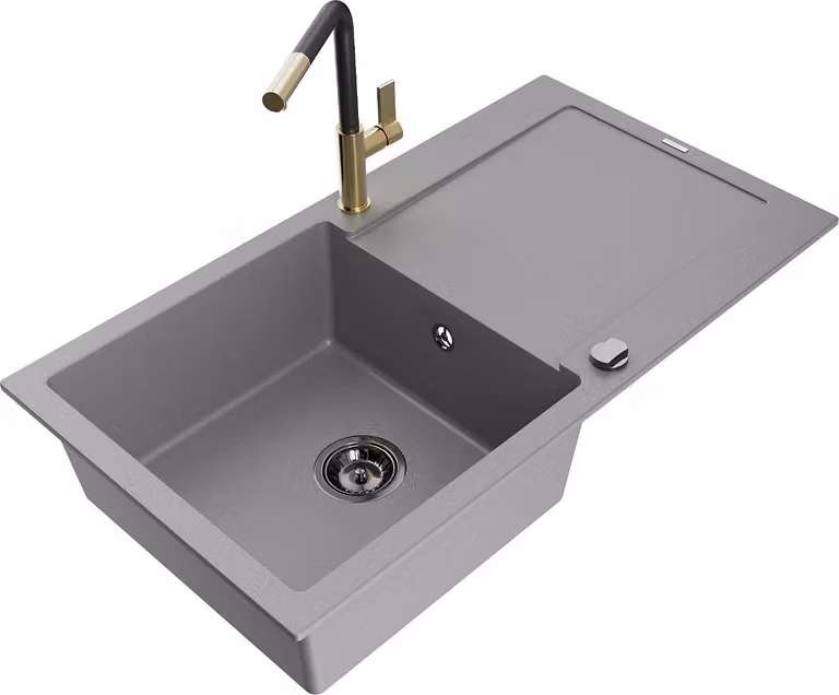 Mexen Leo lavello in granito 1-vasca con sgocciolatoio e rubinetto da cucina Flora, grigio - 6501-71-670401-57-B