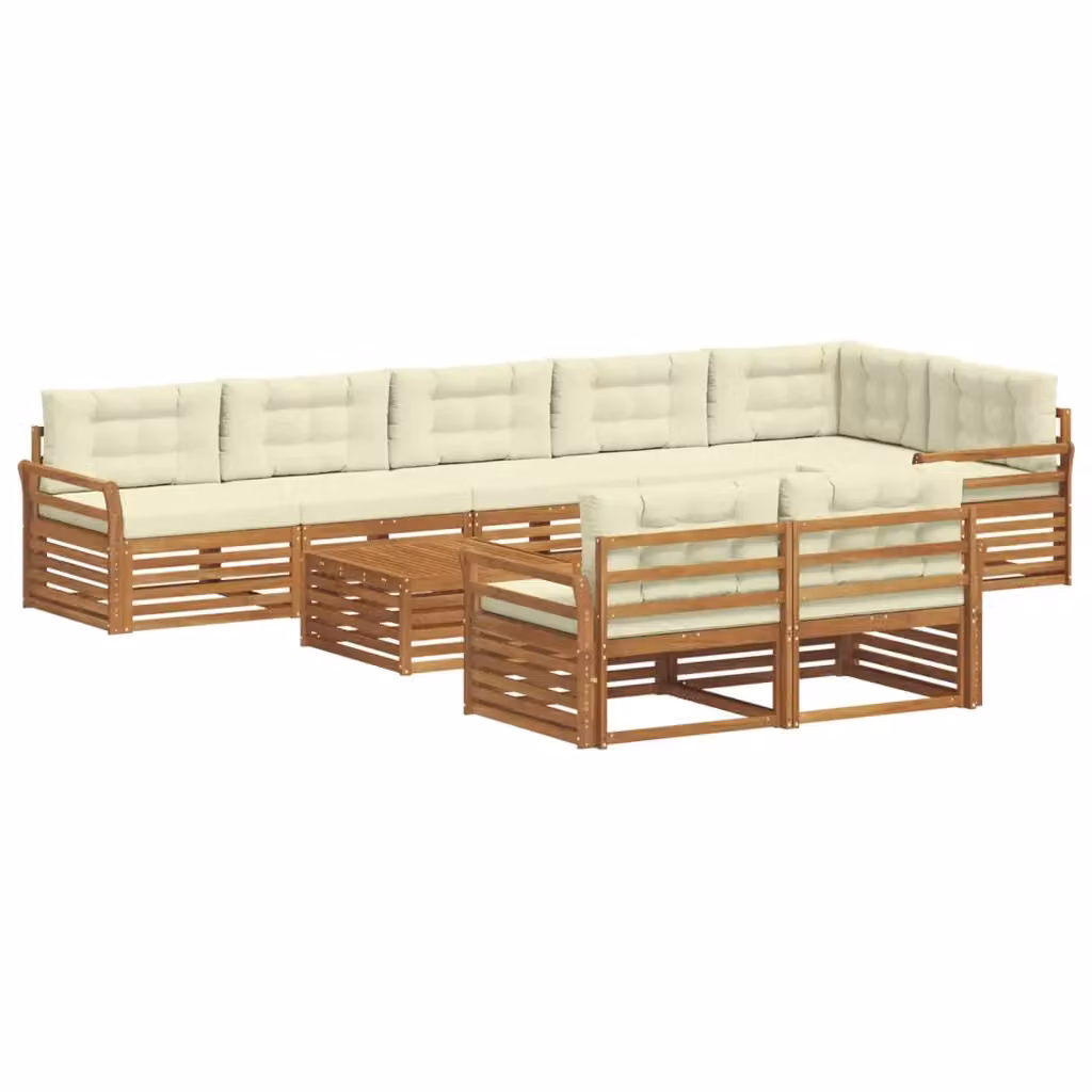 Set di divani da esterno vidaXL a forma di L in legno di acacia con cuscini, beige e bianco, 9 pezzi – 2