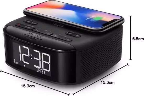 R7705/10 Radio DAB+/FM (Bluetooth Doppio allarme Timer di sonno Sincronizzazione oraria Automatica Batteria di riserva Ricarica wireless del telefono cellulare)