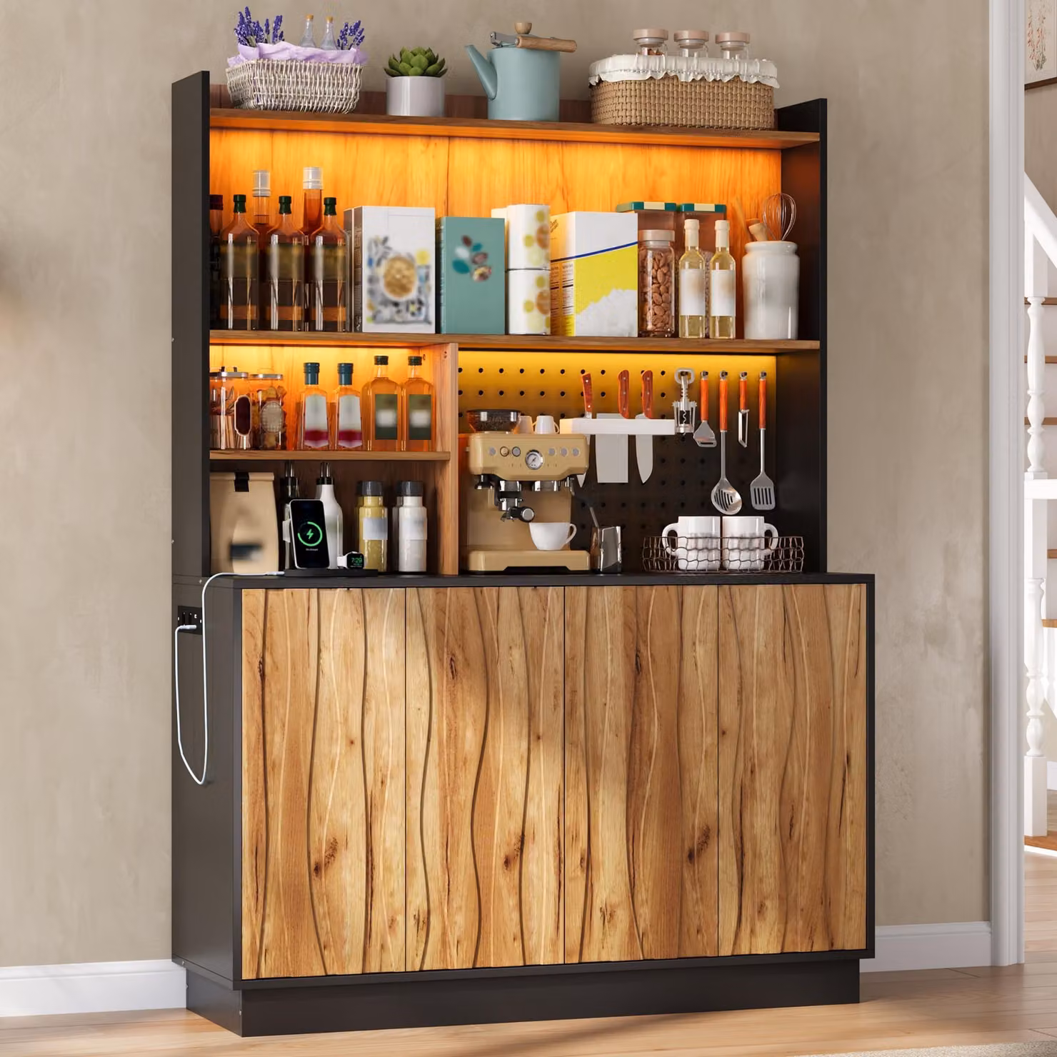 Mobiletto alto da cucina con pannello forato e illuminazione a LED, mobiletto da cucina versatile con prese elettriche e ripiani aperti, stile naturale
