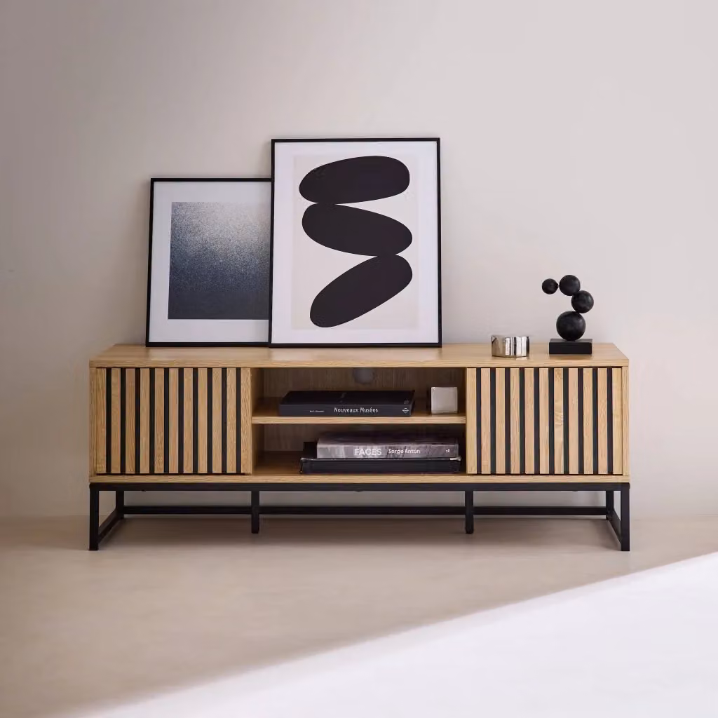 Mobile TV moderno Sweeek in legno scanalato e metallo nero, marrone, L 120 cm x P 40 cm x H 42 cm – 2