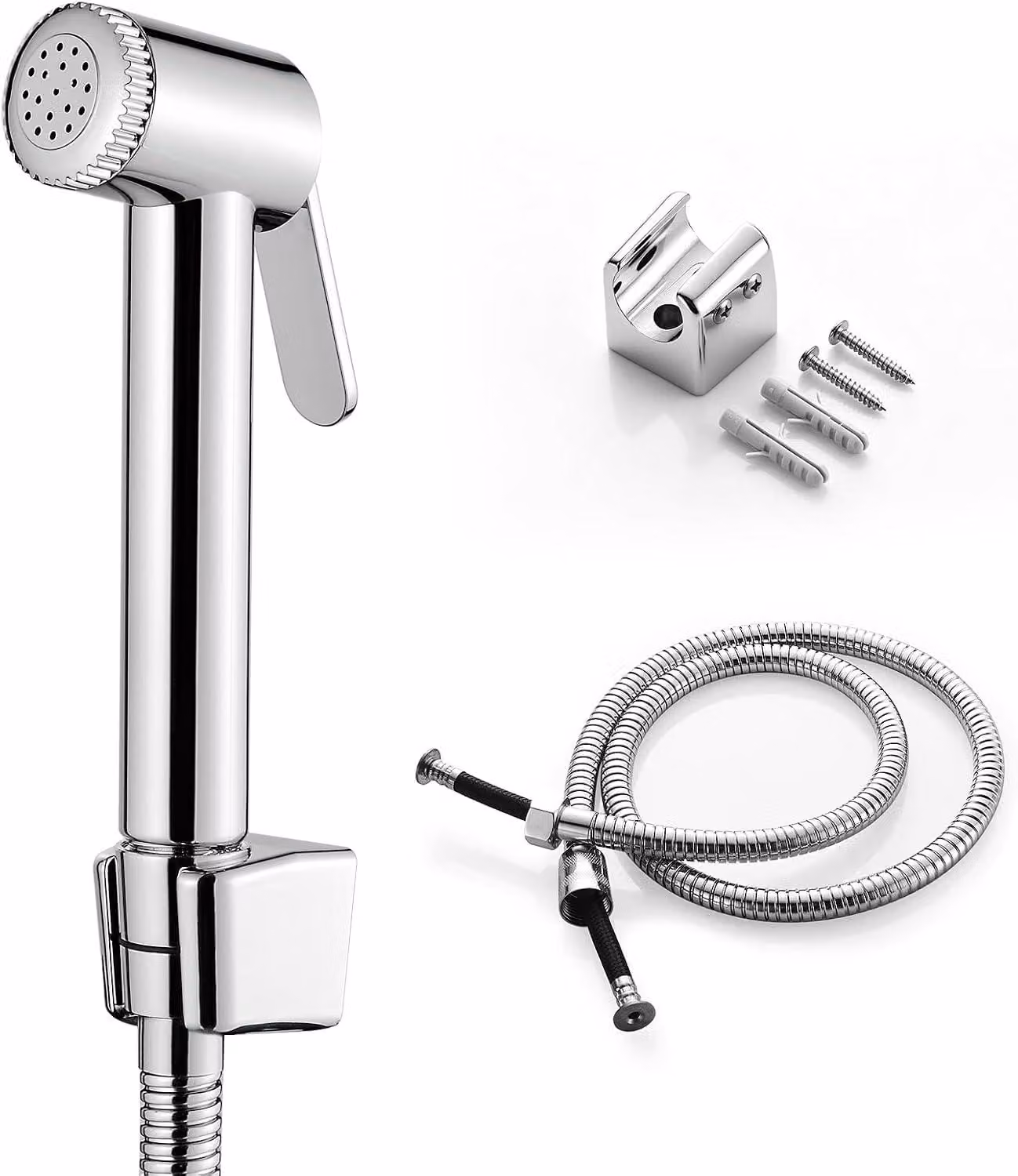 Doccia per bidet da collegare al water - Con supporto e tubo flessibile - Senza valvola - Cromato - Argento