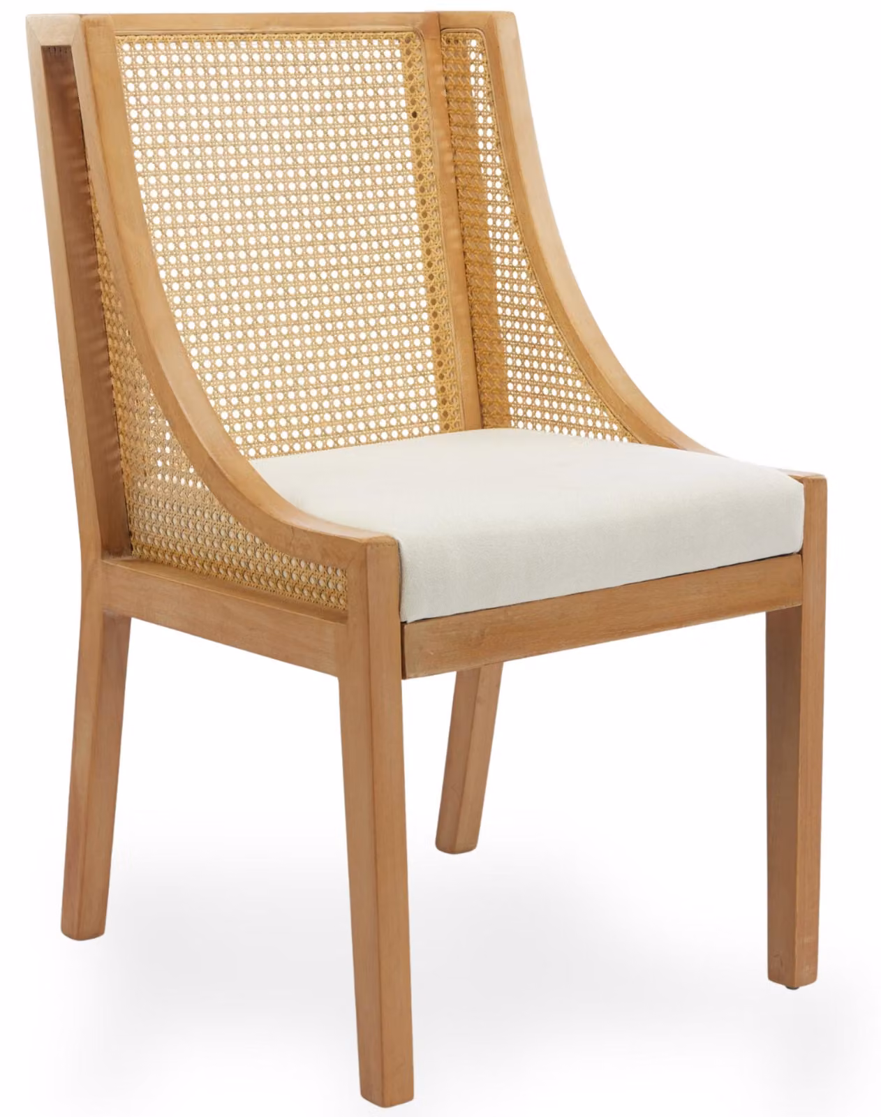 Sedia da pranzo con schienale in rattan sintetico, seduta imbottita con rivestimento effetto lino e struttura in legno massello, color beige