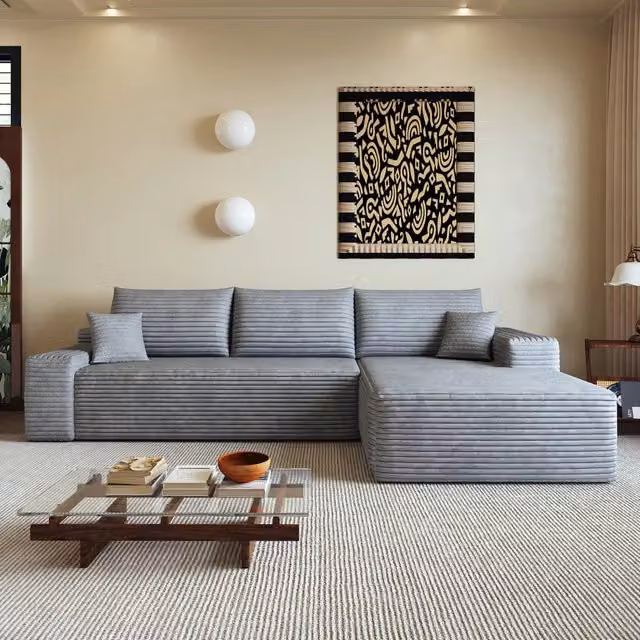Divano angolare modulare con chaise longue in tessuto a coste e schiuma ad alta elasticità grigio