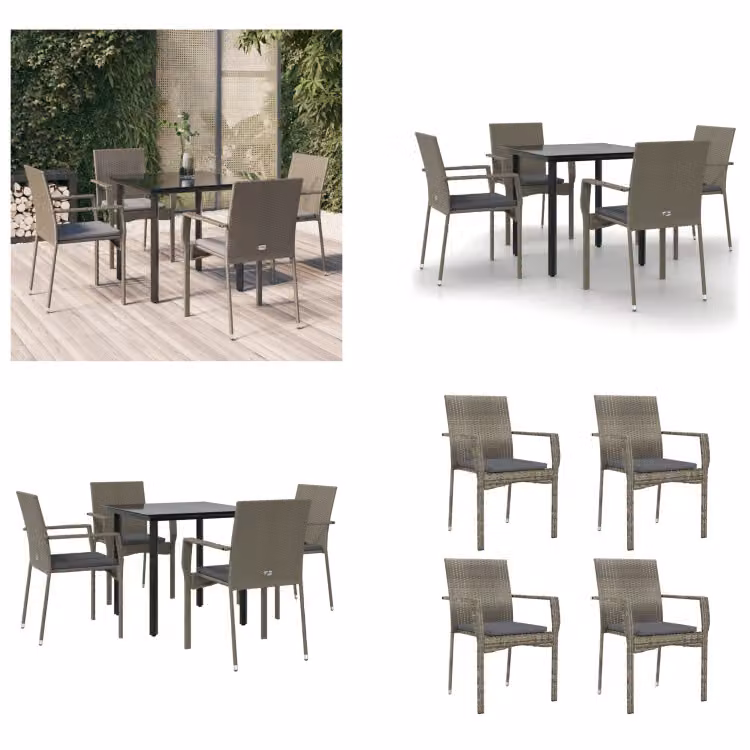 vidaXL Set da pranzo da giardino 5 pezzi con cuscini in poly rattan nero e grigio - Set da pranzo da giardino - Set da pranzo da giardino - Set da pranzo da terrazza