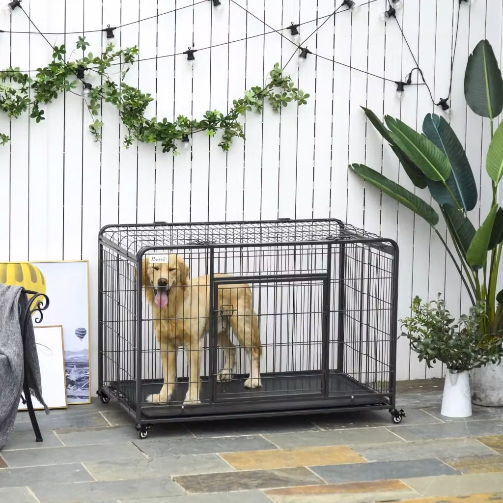 EasyComfort Gabbia per Cani Pieghevole a Doppia Porta con Blocco e 4 Ruote con Freno, Box per Cani con Fondo Rimovibile, L: 125 cm, P: 76 cm, H: 81 cm, Grigio Scuro – 2