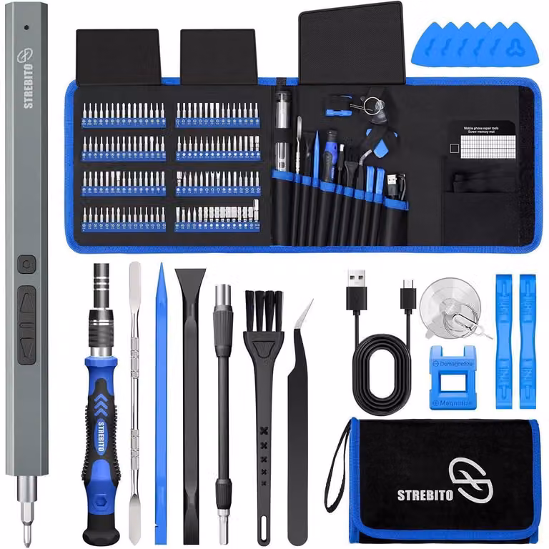 Mini avvitatore elettrico, set di precisione da 144 pezzi, colore blu. Avvitatore a batteria per la riparazione di dispositivi elettronici