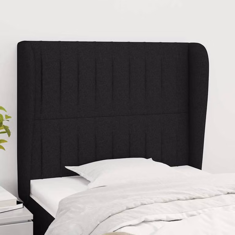 Testiera ad orecchio vidaXL in tessuto nero con struttura in legno e larice, L: 83 cm, P: 23 cm, H: 118-128 cm