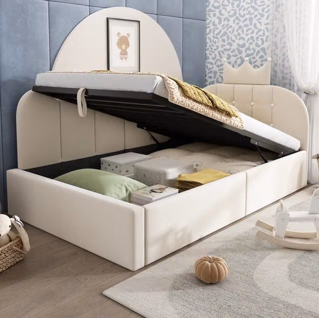 Letto singolo daybed moderno in velluto beige con contenitore a sollevamento L/P/H: 90 x 200 cm