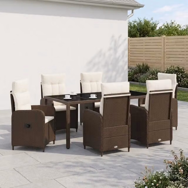 Set da pranzo per esterni vidaXL in rattan marrone e bianco con tavolo rettangolare in vetro, 7 pezzi – 1