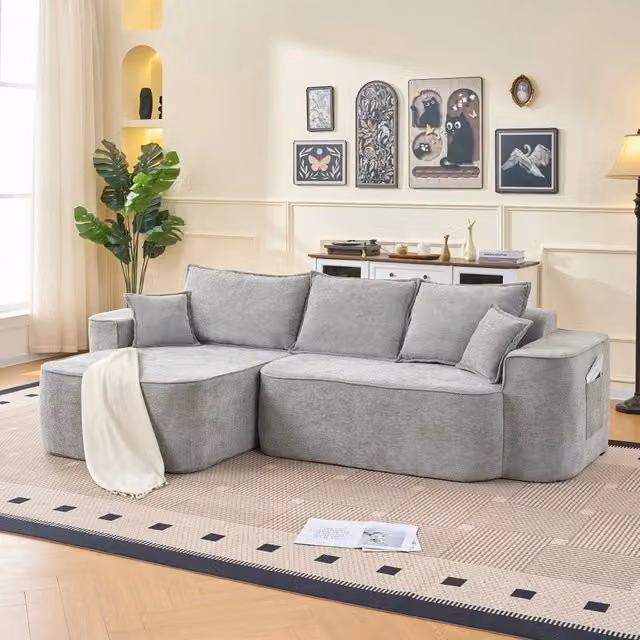 Divano modulare ad angolo 262x144x65 cm senza montaggio in ciniglia grigio