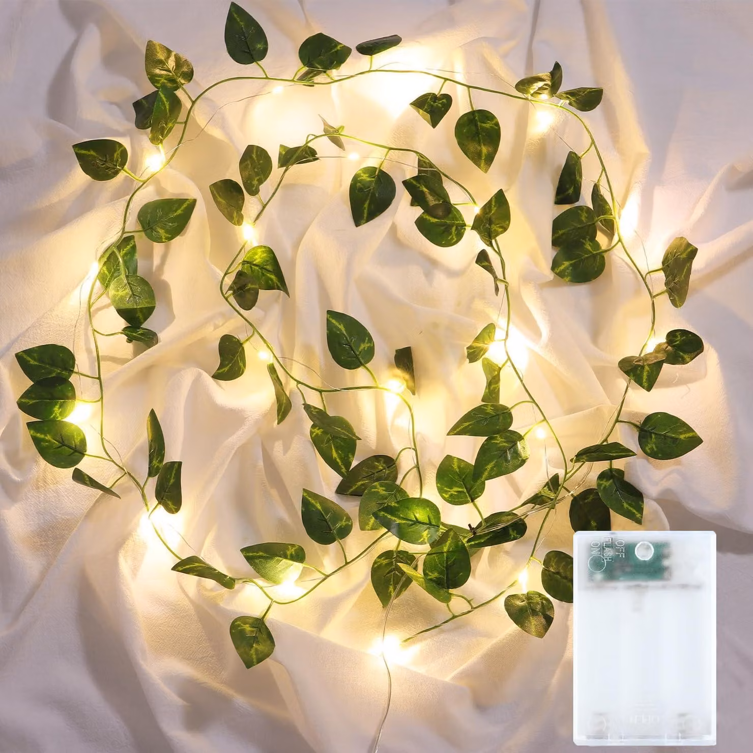Catena luminosa a forma di edera artificiale, lunghezza 2 metri, 20 LED, luce bianco caldo