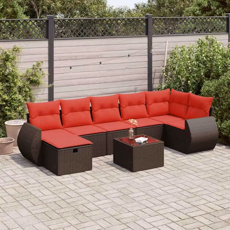 Set Divani da Giardino vidaXL 8 Pezzi a Forma di U con Cuscini Marrone e Rosso in Polyrattan e Acciaio