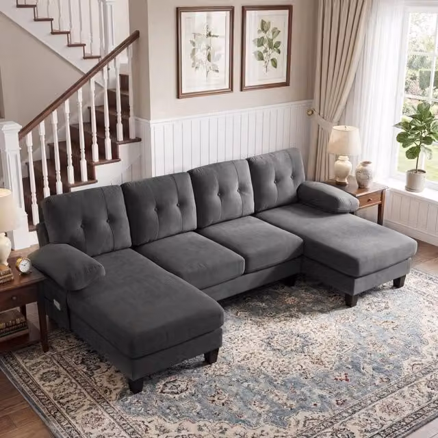 Divano letto angolare 4 posti con chaise longue ¨C MINIMAL ¨C Grigio, tessuto chenille