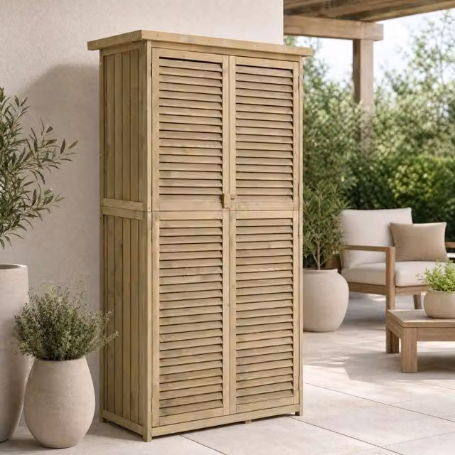 Armadio da giardino in legno di abete con 3 ripiani; tetto in asfalto e ante a lamelle grigio 87 x 46;5 x 160 cm