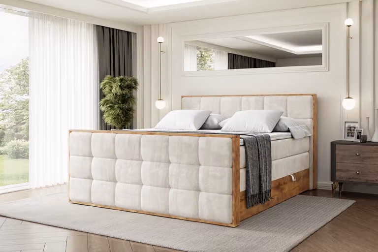 Letto boxspring ALTDECOR con materasso e rete a doghe, topper, pediera, letto imbottito con contenitore, letto con vano portaoggetti, materassi H3 e H4, letto matrimoniale -LOLLI7-Z KING-120x200 - Beige Casablanca