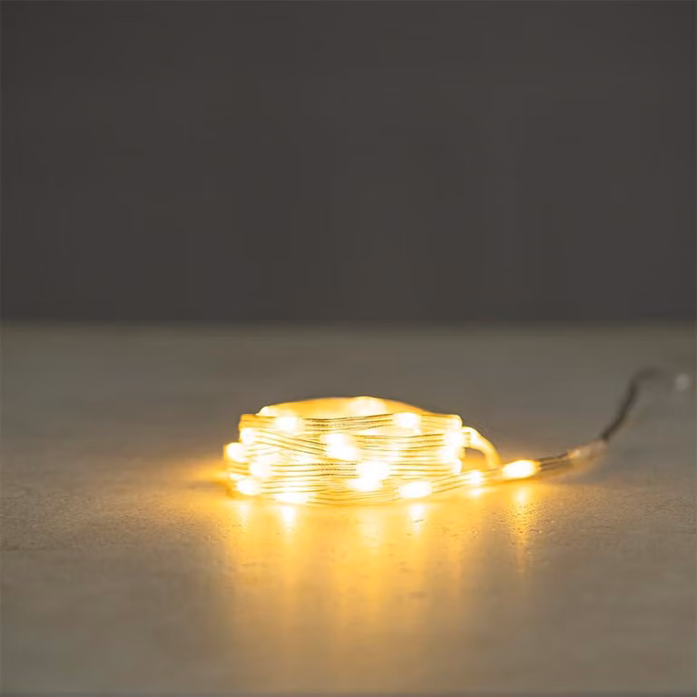 Catena luminosa a LED, luce bianco caldo, 50 LED, con timer, trasparente