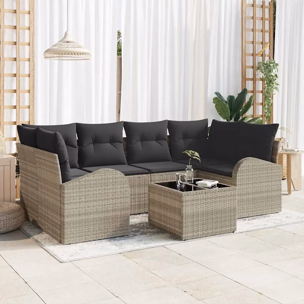 Set Divano da Giardino vidaXL 7 Pezzi in Polyrattan Grigio con Tavolino e Cuscini Imbottiti – 1