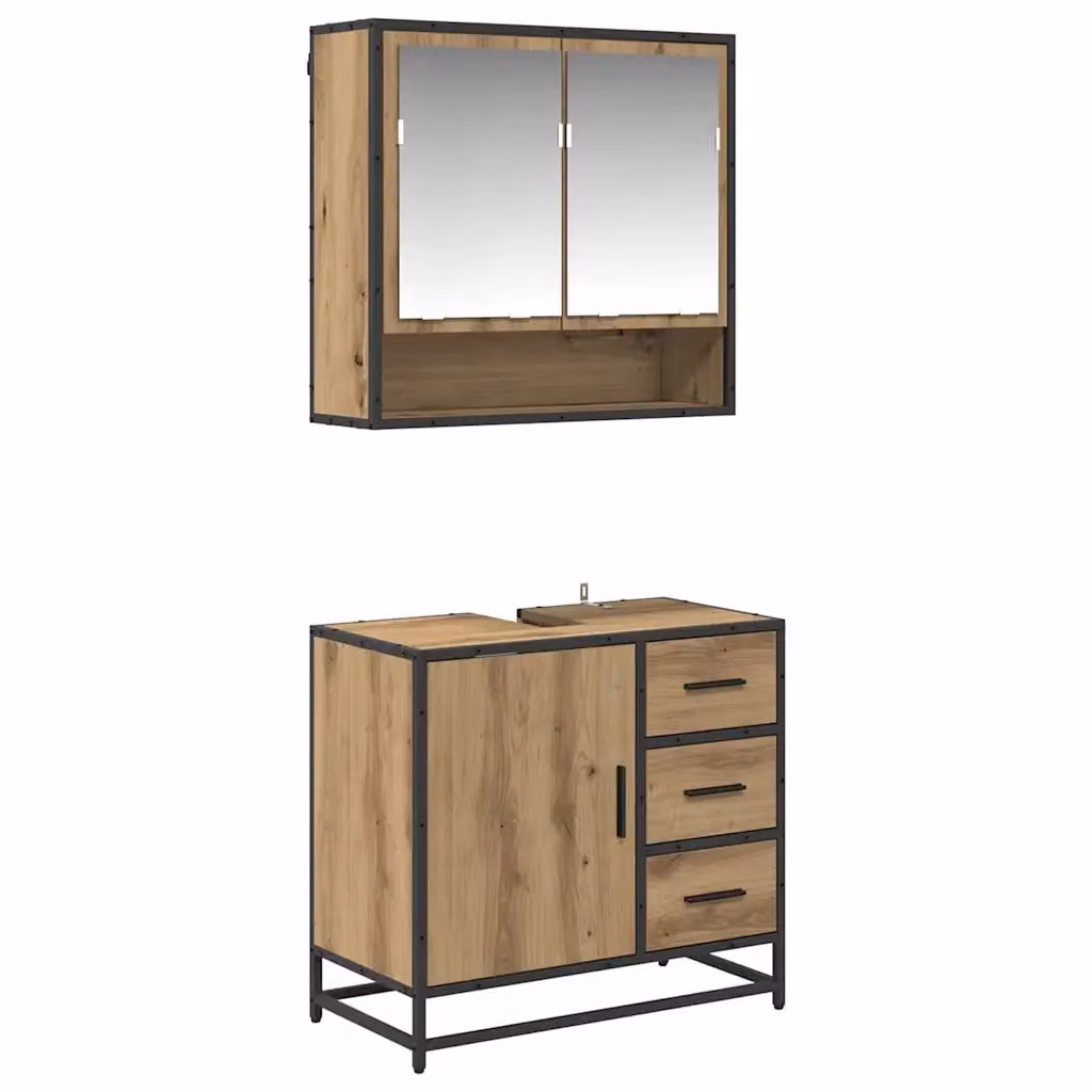 Set di mobili per il bagno vidaXL composto da mobile sottolavabo e armadietto con specchio, colore marrone e nero, design minimalista in legno e metallo – 2