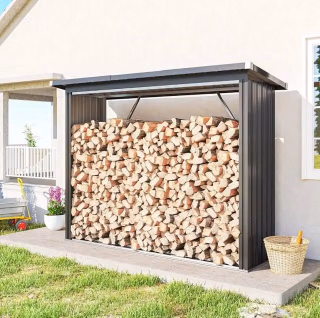 Capanno per legna in acciaio moderno con tetto inclinato e base rialzata, L: 213 cm, P: 66,5 cm, H: 144/150 cm, grigio antracite