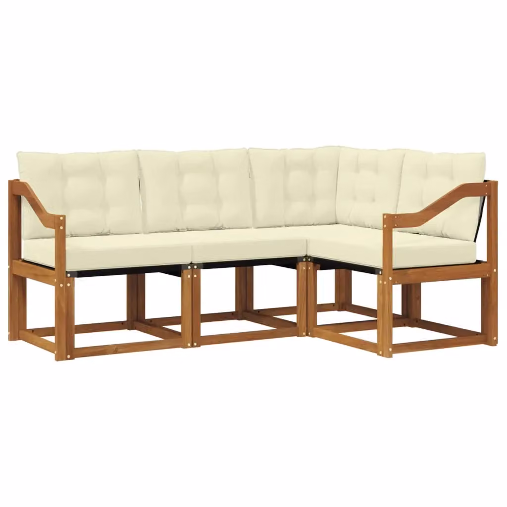Set di divani da esterno a L vidaXL in legno di acacia e textilene, beige e bianco, 4 pezzi con cuscini inclusi – 2