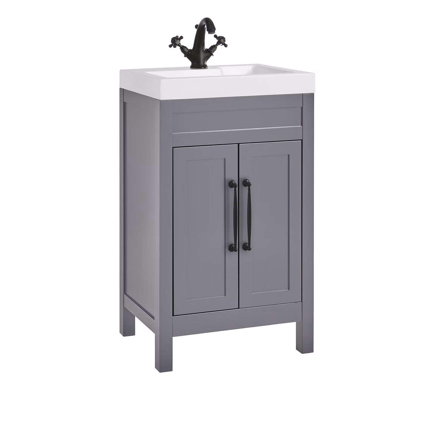 Mobile Bagno Grigio Chiaro da 500mm con Lavabo e Maniglie Classiche Nere con Barra a T - Warwick