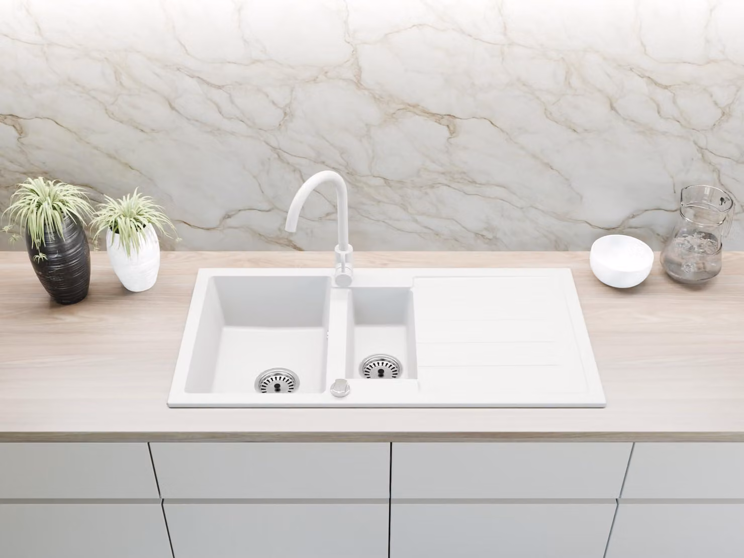 Lavello in granito Lavello da incasso 100x50 cm 2 vasche con scolapiatti con rubinetto Bianco