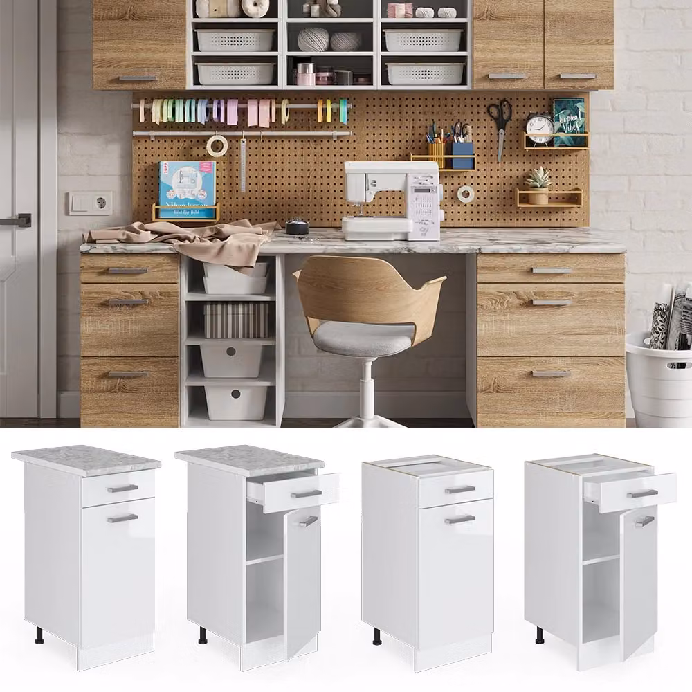 Base universale R-Line Vicco Bianco lucido con cassetto e piano di lavoro L: 40 cm, H: 81,6 cm, P: 60 cm – 2