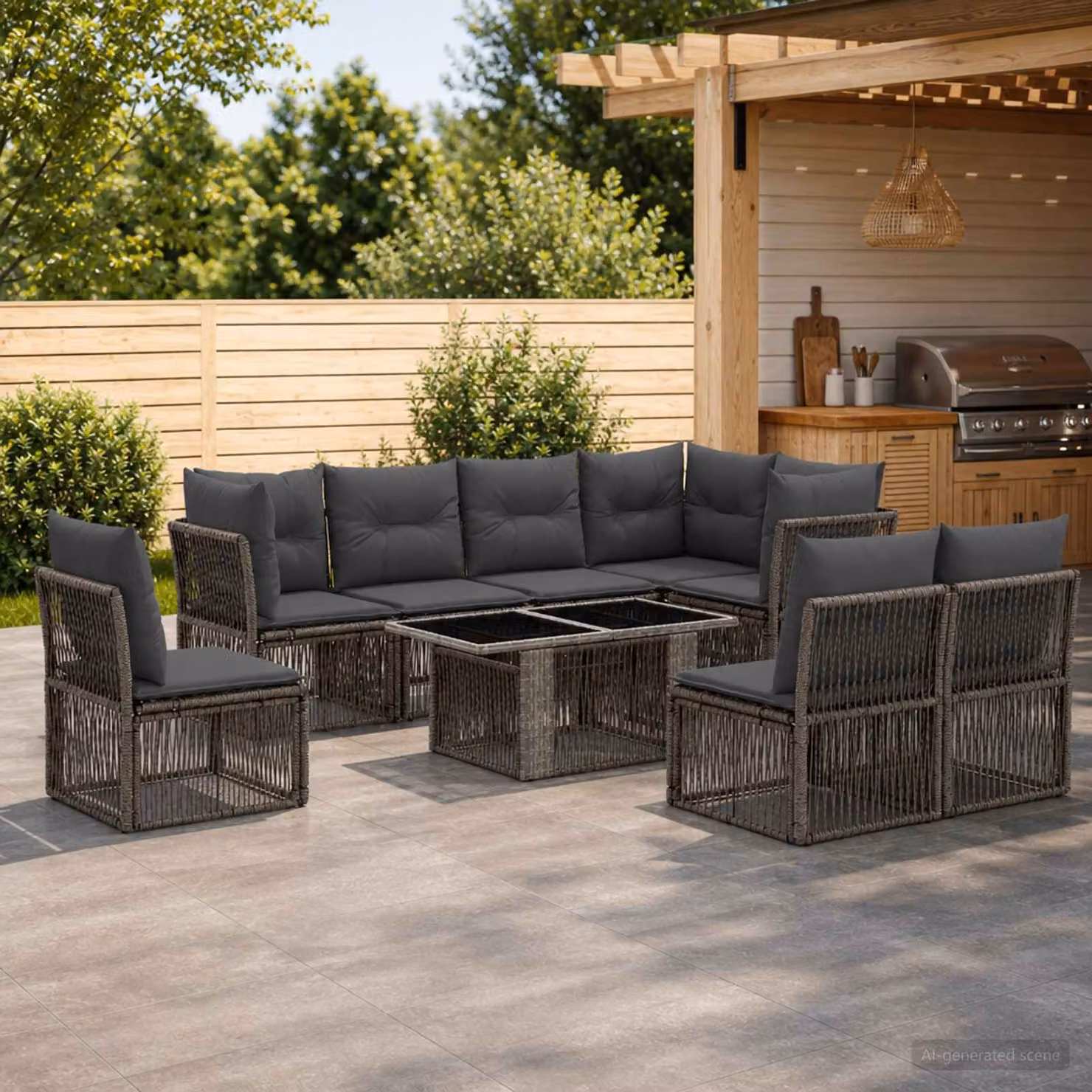 Set Divano da Giardino vidaXL 9 pz Grigio con Cuscini e Tavolino in Polyrattan e Metallo