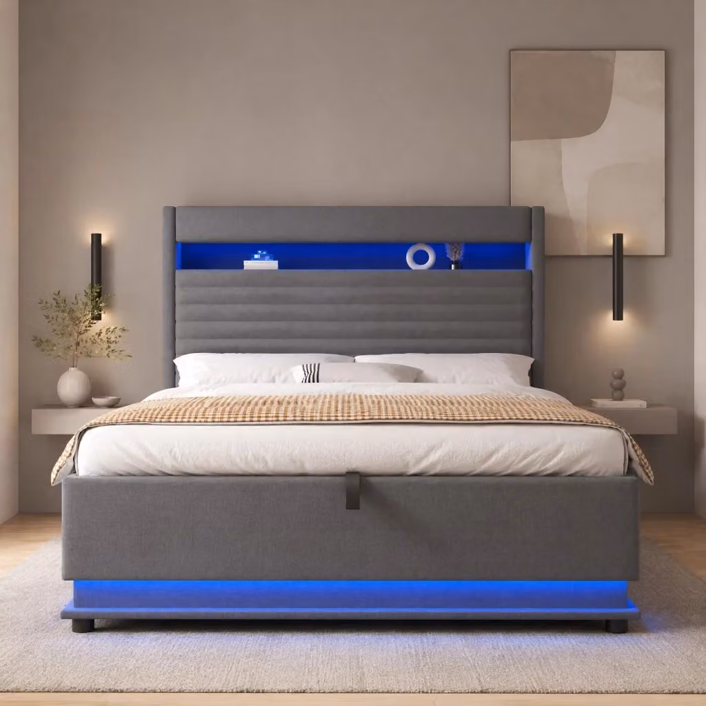 Letto contenitore Mivray con apertura idraulica, testiera imbottita in lino grigio, illuminazione LED e porte USB e Type-C, L/P/H: 140 x 200 x 113 cm – 2