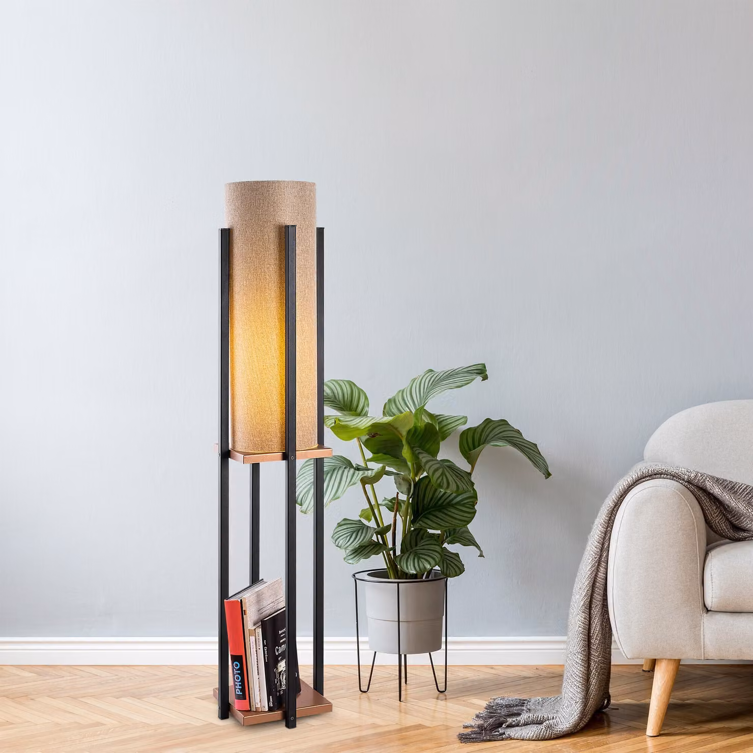 Opviq, lampada da terra industriale con struttura in metallo, altezza 130 cm, Ø 20 cm, nero e rame | Attacco E27, max. 40 W, IP20, cavo a doppio isolamento, 400 cm | Design elegante per ambienti moderni.