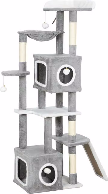 Albero Tiragraffi per Gatti PawHut con 2 Casette, Rampa, Trespoli e 4 Palline, L/P/H: 48 x 40 x 165 cm, Grigio e Bianco