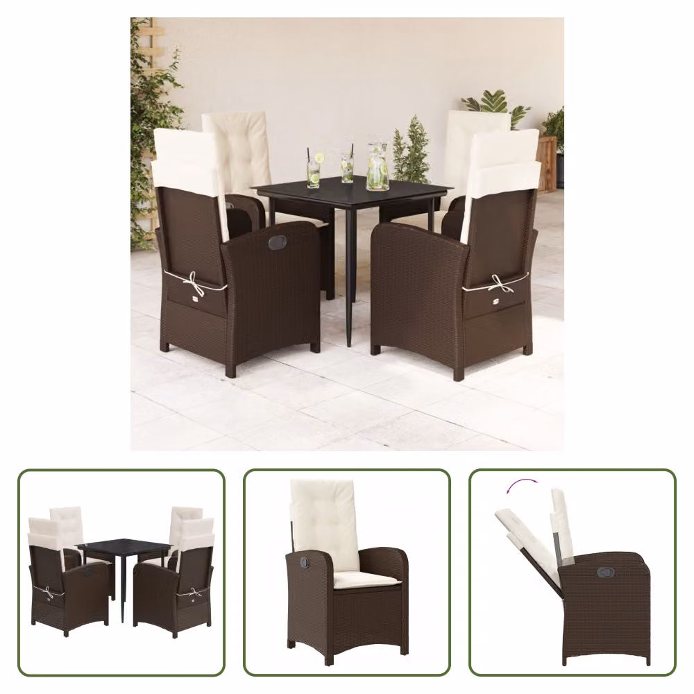 The Living Store Set da pranzo da giardino 5 pezzi con cuscini in polirattan marrone